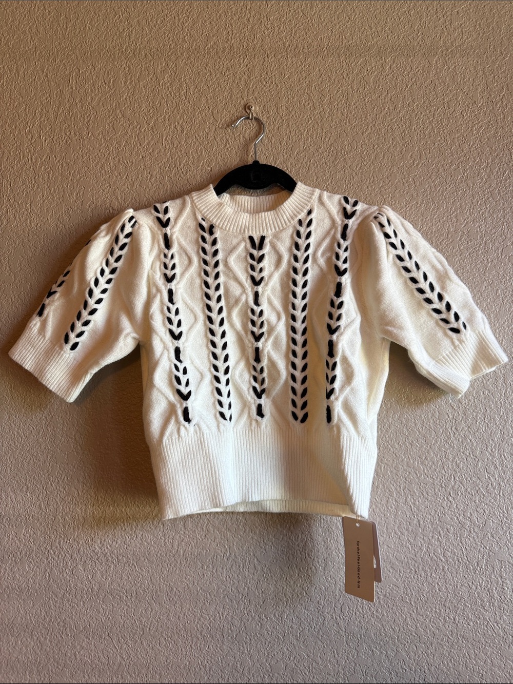 Commense White Knit Sweater with Black Accent Cable Detail - Picture 3 of 5
